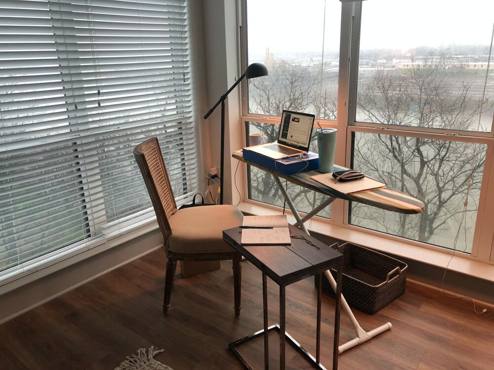 The beautifully creative remote-working station of Jumpstart Foundry’s own Managing Director,  Eller Mallchok . Ironing boards can make great stand-up desks!